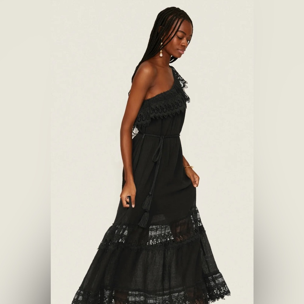 Miguelina black 100% cotton Rezina lace maxi one shoulder dress size XS